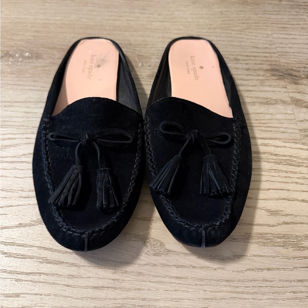 Kate Spade Black Suede Tassel Backless Loafers - Picture 2 of 6